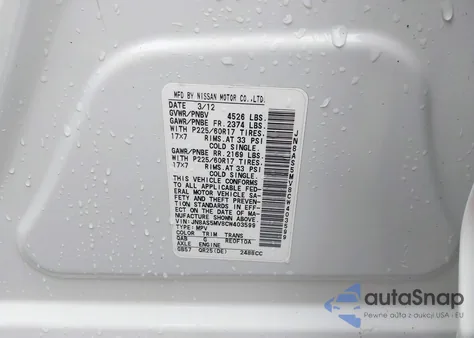 2012 Nissan Rogue Sv z USA, uszkodzony, nr VIN JN8AS5MV8CW403599